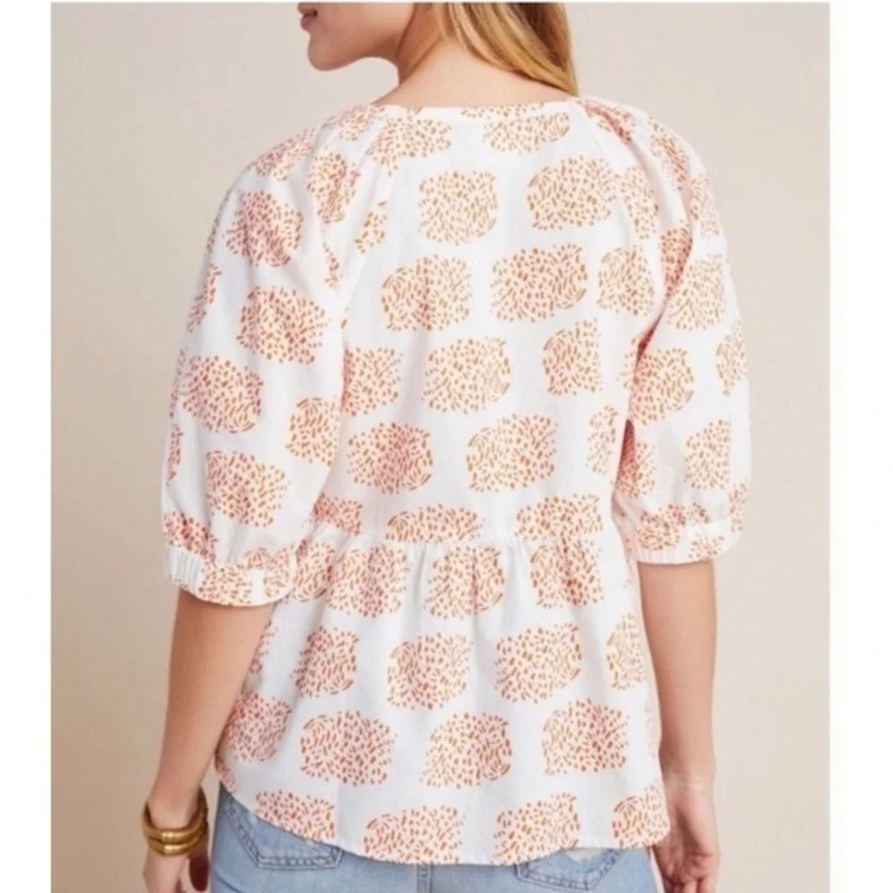 Anthropologie Moglea Orange White Abstract Print‎ Puff Sleeve Babydoll Top XS